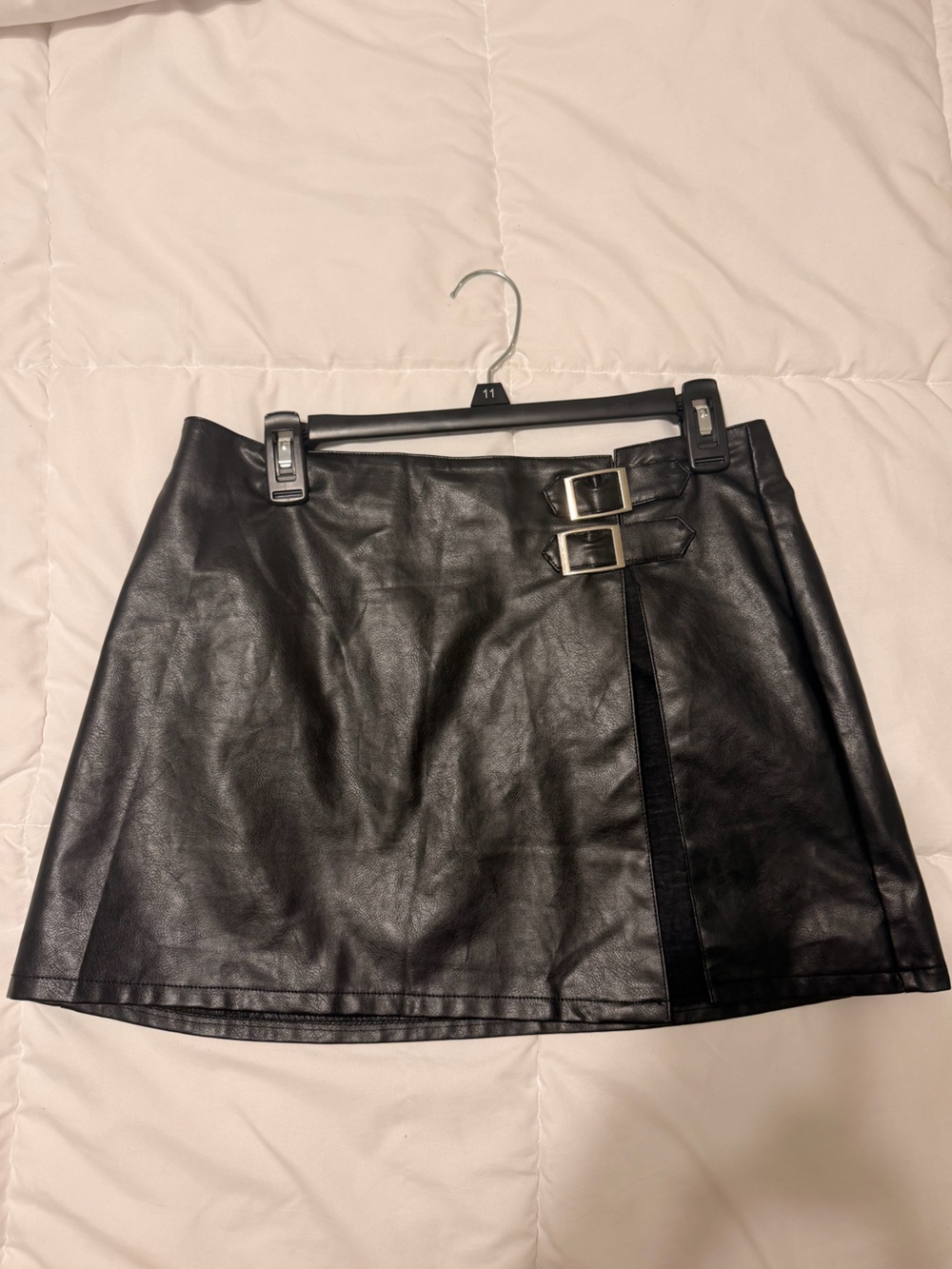 Black Faux Leather Mini Skirt with Buckle Detail